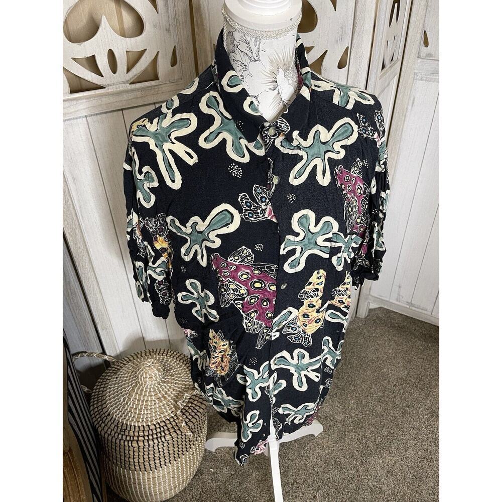 Vintage Mario Ferrari Fish Print Mens XL Blue Multicolor Short Sleeve Aloha